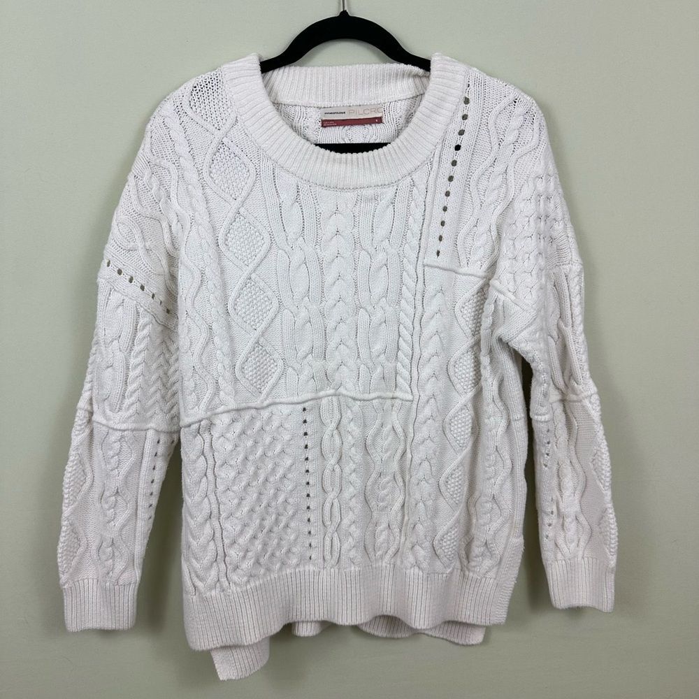 Anthropologie Pilcro White Cable Knit Oversized Cozy Capsule Simple Crew Sweater